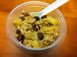 Steel cut oats with apples, raisins, and cranberries.