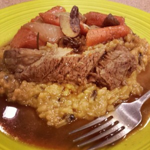 Tender, juicy pot roast with perfect veggies over risottto. Now that's a comfort meal!